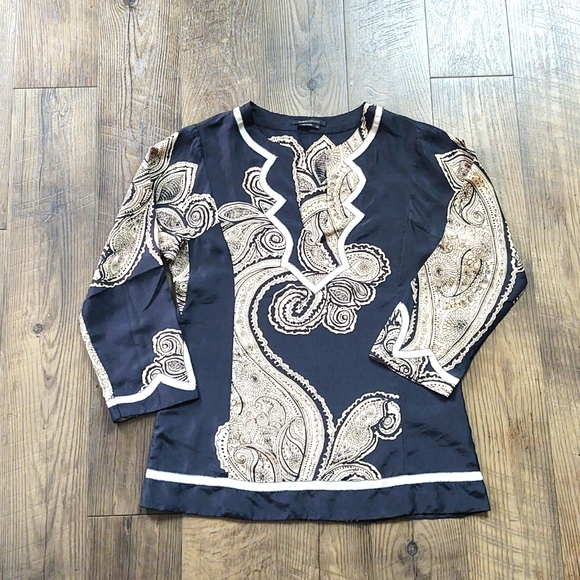 BCBG Max Azria 100% Silk Tunic Black Tan Paisley, Size Medium - Picture 7 of 7